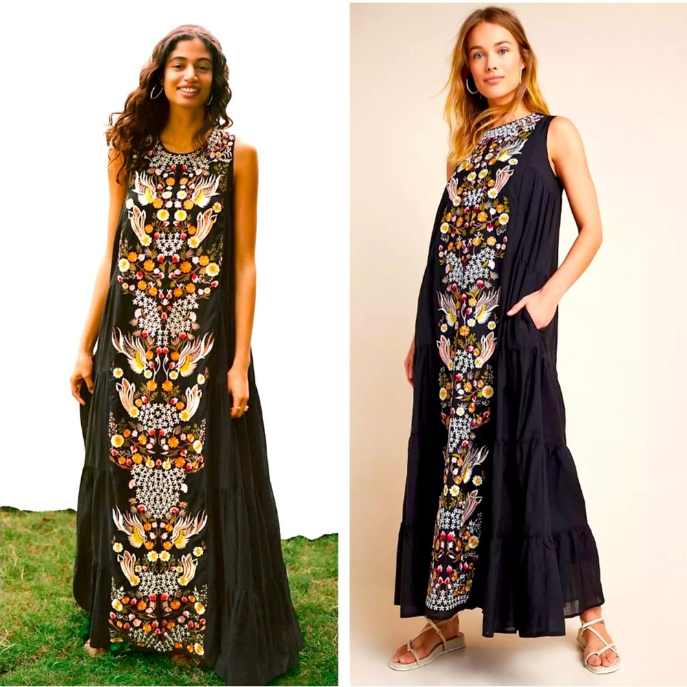 Anthropologie Samant Chauhan Jacaranda Tiered Embroidered Dress BOHO